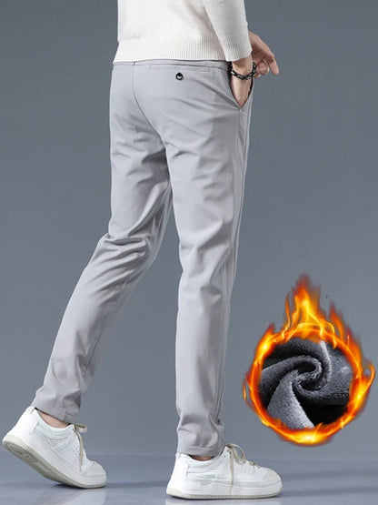 Winter Fleece Golf Casual Pants Men Business Slim Stretch Jogger Thick Trousers Korean Classic Elastic Waist Velvet Male Pants