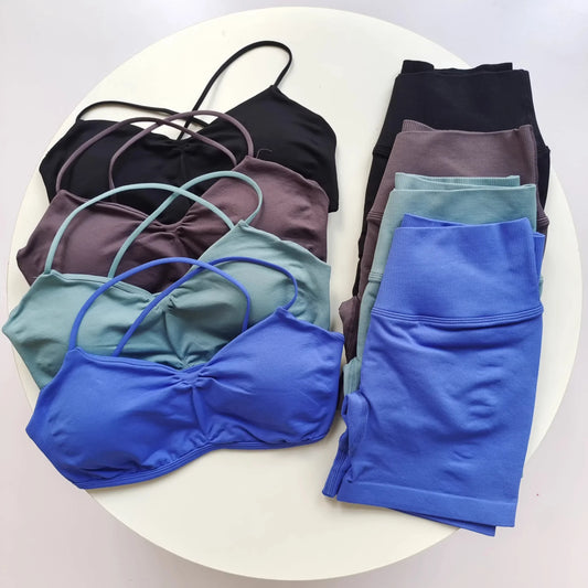 2 Piece Gym Set Women Yoga Crop Top High Waist Scrunch Seamless Shorts Fitness Bra Sport Suit Sportswear Workout Set