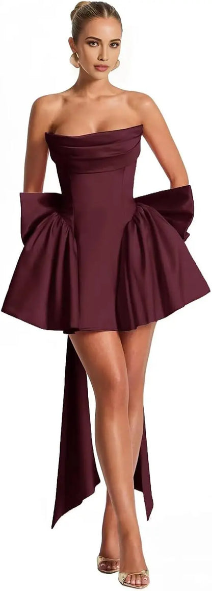 2025 Satin Strapless Back To School Dress with A Large Bow At The Back, Mini Skirt for Teenagers Cocktail Dress Short DanceDress