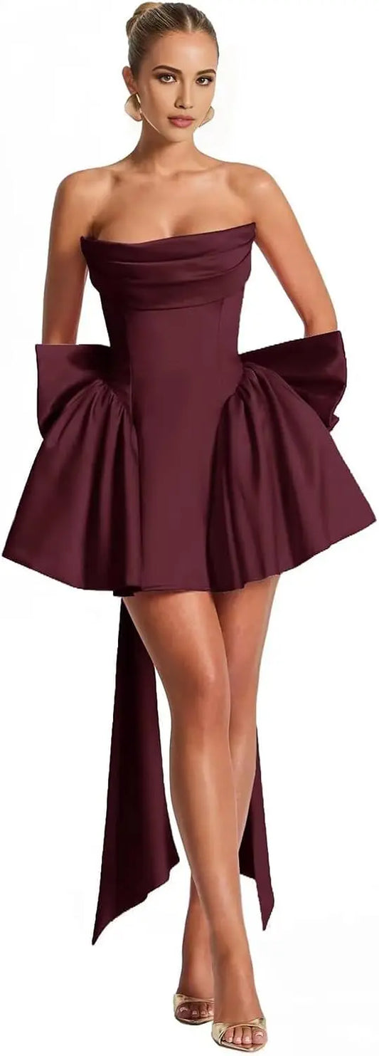 2025 Satin Strapless Back To School Dress with A Large Bow At The Back, Mini Skirt for Teenagers Cocktail Dress Short DanceDress