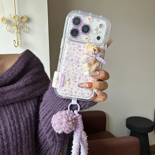 Gentle Purple Flower Stereoscopic Bear Artificial Leather Plush Ball Lanyard Phone Cover Case for iPhone 17 16 15 14 Pro Max