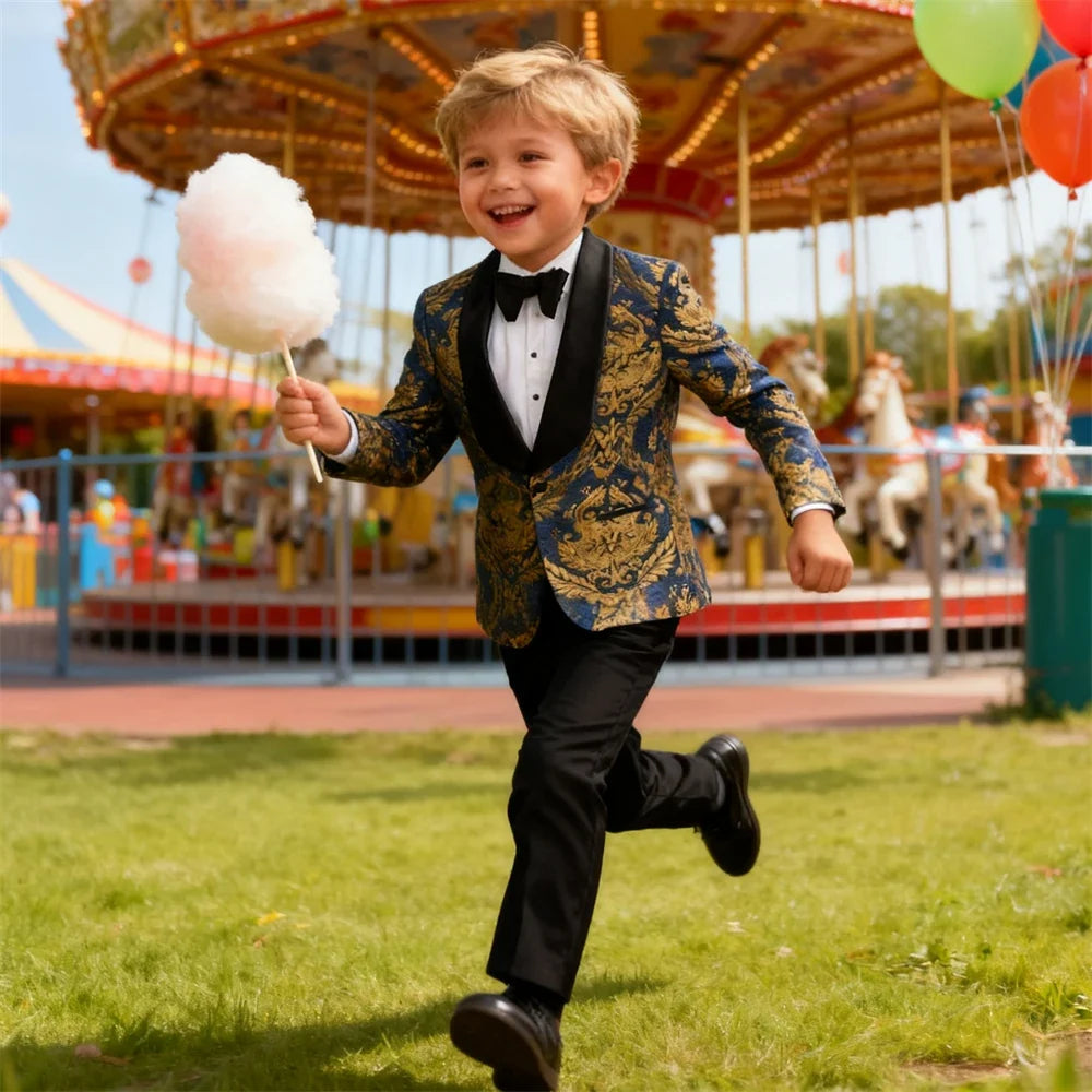Gold Embroidery Toddler Suit Set Jacket Pants Bowtie Kids Formal Tuxedo Ring Bearer Waist Adjustable 3-14 Yrs Suits