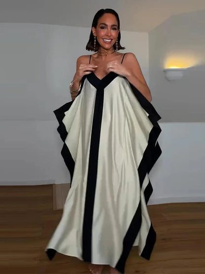 Contrast Black Trim Satin Maxi Dress Deep V Neck Loose Flowy Ruffle Hem Lady Long Gown 2026 Summer Formal Chic Vacation Dresses