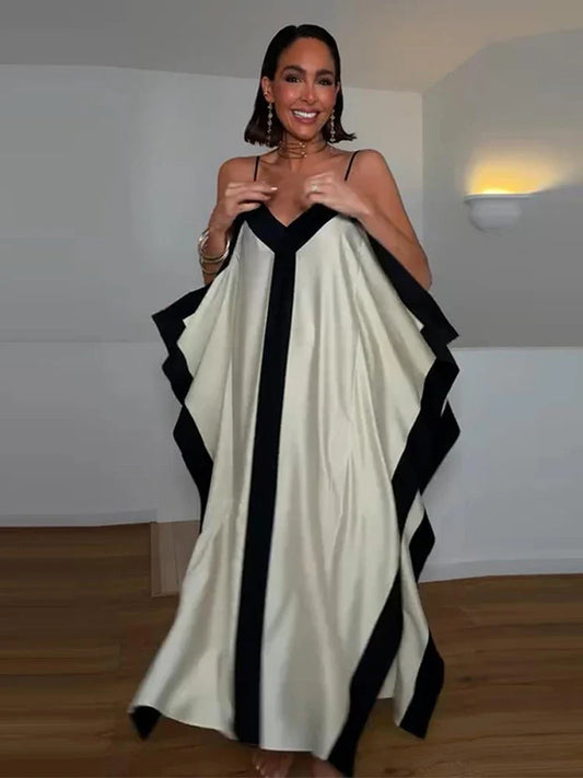 Contrast Black Trim Satin Maxi Dress Deep V Neck Loose Flowy Ruffle Hem Lady Long Gown 2026 Summer Formal Chic Vacation Dresses