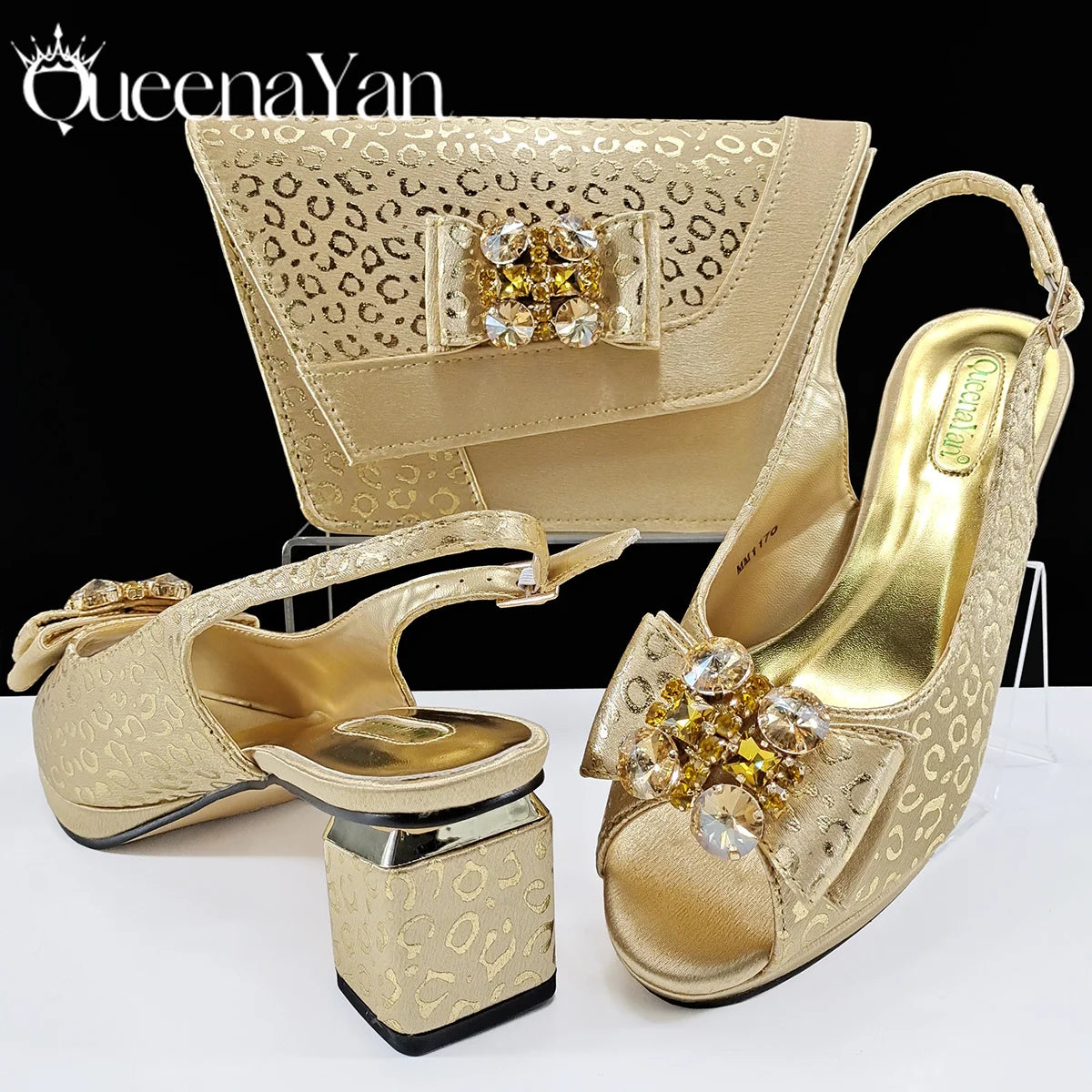 Queena Yan  2025 Shiny Italian Fashion Pointed Toe Women Heel Fashion Rhinestone Decoration Pink Color Shoes And Bag Set