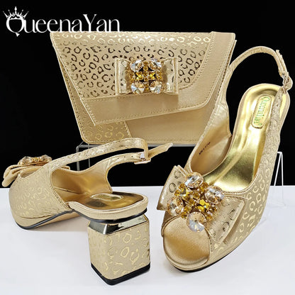 Queena Yan  2025 Shiny Italian Fashion Pointed Toe Women Heel Fashion Rhinestone Decoration Pink Color Shoes And Bag Set