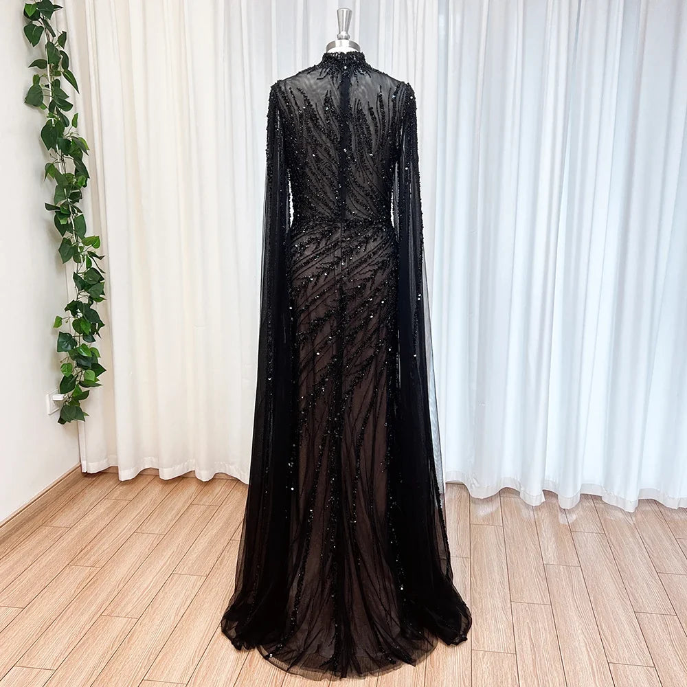 Luxury Beaded Evening Dress Cape Sleeve Dubai Sheer Neck Mermaid Formal Prom Wedding Party Gown Customized 2026