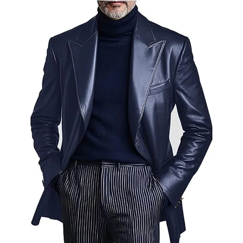Men's Dress Leather Jacket Burgundy Luxury Slim Fit Notchde Lapel Flap Pocket Retro Soft Sport Coat For Business Casual