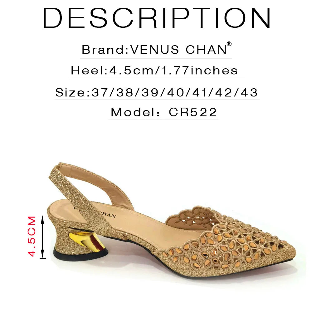 Low Heel Shoes for Women Hollowed Out Embroidery Rhinestone Italian Design Gold Color Pointed-Toe Shoes and Bags Set