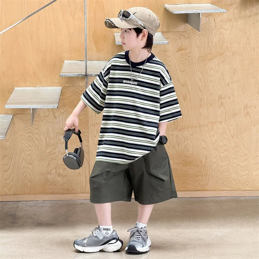 Korean Kids Striped Summer Suit for Boys Top and Bottom Set Children Cotton Short Sleeve T-shirt and Cargo Shorts Clothes Set