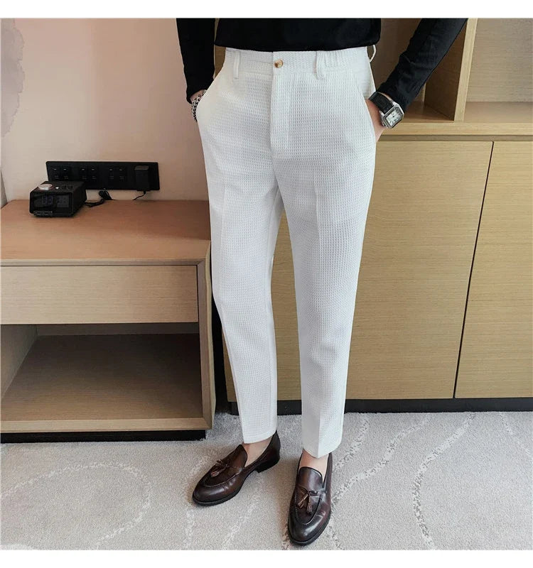 2024 Autumn New Waffle Stretch Waist Business Formal Pants Men Fashion Wedding Slim Trouser Mens Brand Social Party Suit Pants
