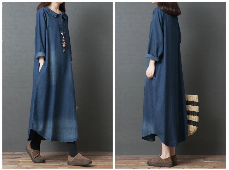 Women's Denim Dr Long Sve Loose Fit irt Sle Autumn Spring Faion plus Size Clothing Meat Concealing Slimming Skirt