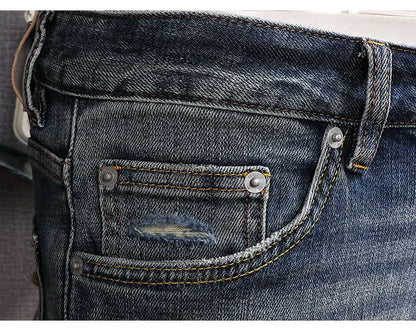 Street Fashion Men Jeans Retro Blue Stretch Slim Fit Hole Ripped Jeans Men Patched Designer Hip Hop Vintage Denim Pants Hombre