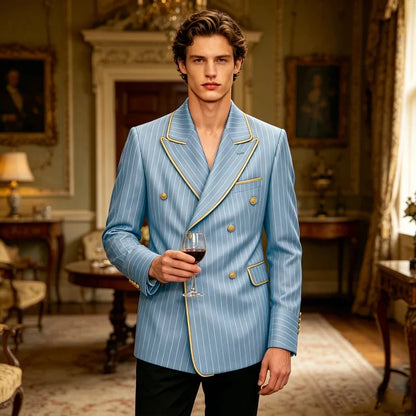 Luxury Men's Pinstripe Blazer Gold Trim Peak Lapel Formal Suit Breathable Lightweight Jacket for Business Party Wedding Coat