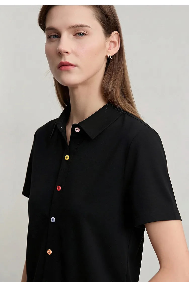Women's T-Shirt 2026 Summer Lapel Collar Casual Short Sleeve Tee Color Block Button Slim Versatile T Shirts Woman 12652001