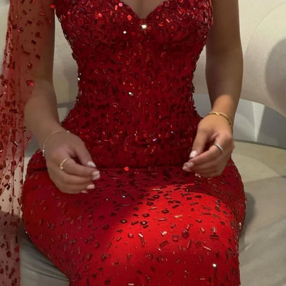 Customized Women Red Strapless Prom Dress Sequin One-Shoulder Cape vestidos de noche Mermaid Maxi Formal Evening 2025