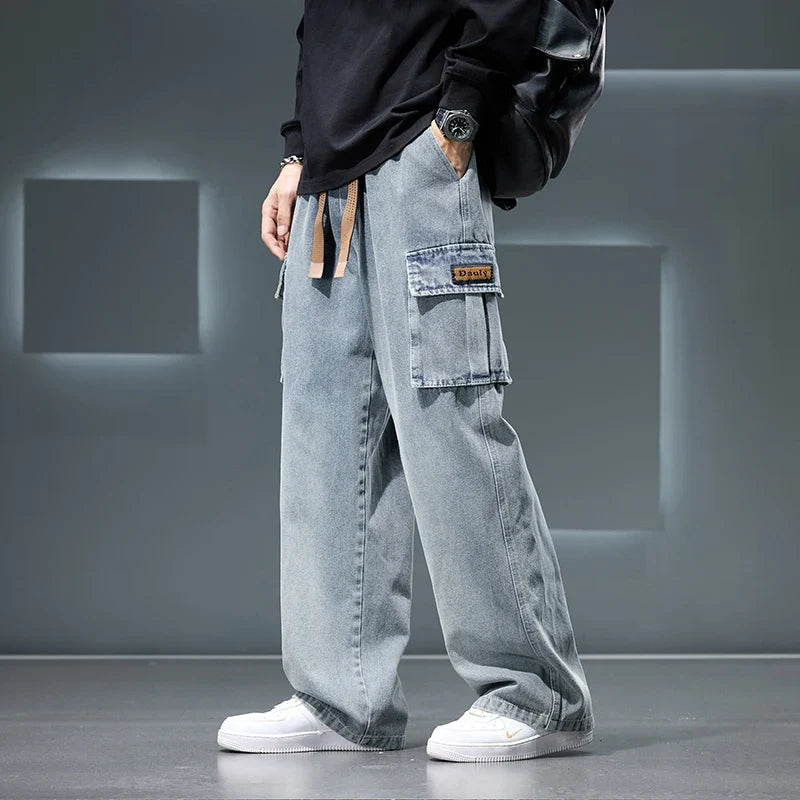 2026 New Wide Leg Washing Jean Pants Men Trousers Neutral Solid Color Loose Casual Fashion Pocket Cargo Pants Big Size 8XL
