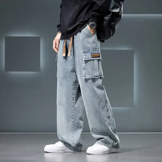 2026 New Wide Leg Washing Jean Pants Men Trousers Neutral Solid Color Loose Casual Fashion Pocket Cargo Pants Big Size 8XL