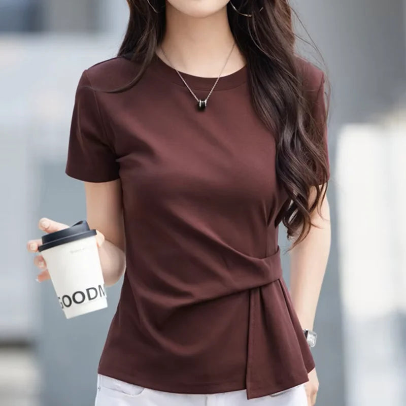 Women's summer new cotton irregular top short sleeved round neck casual women's short sleeved top T-shirt