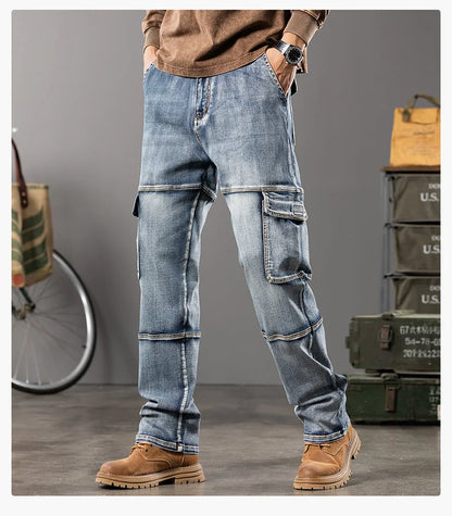 Autumn and winter new styles Men's Outdoor Wide Leg Workwear Multi-Pocket Jeans Straight fit plus size men's jeans  42 44