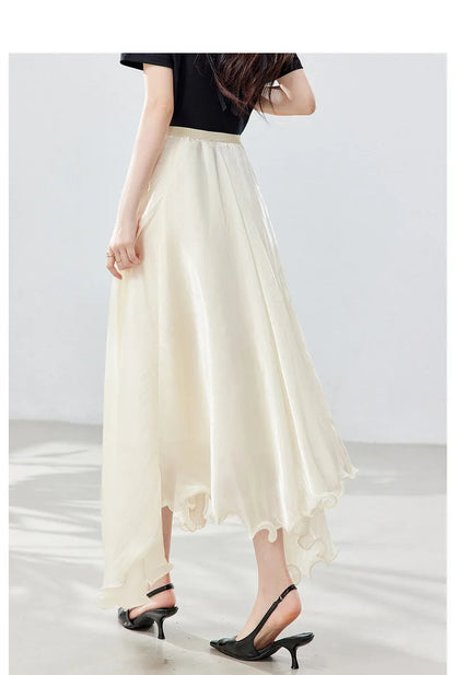 French A-line Shimmer Skirt for Women 2026 Summer New Fashion Irregular Ruffle Hem Elegant Office Maxi Skirt Bottoms 30813
