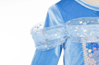 Girl Cinderella Dress Long Sleeve Princess Cosplay Costume Blue Sequin Children Bithday Surprise Kids Ball Gown