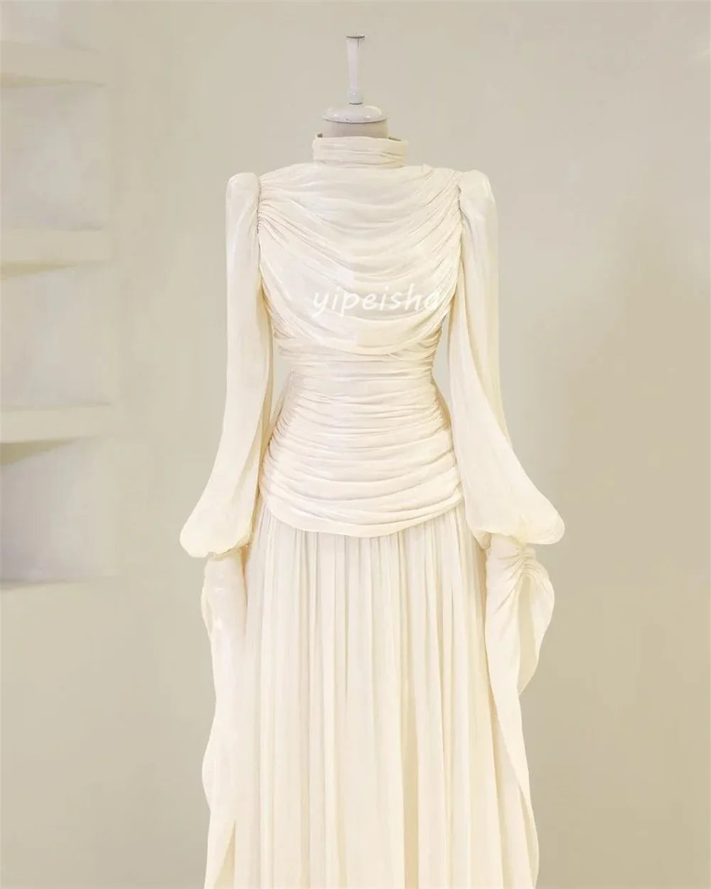 Customized Modern Style Intricate Pleat Ruched Draped A-line High Collar Long Dresses Bespoke Occasion Dresses Sizes Available