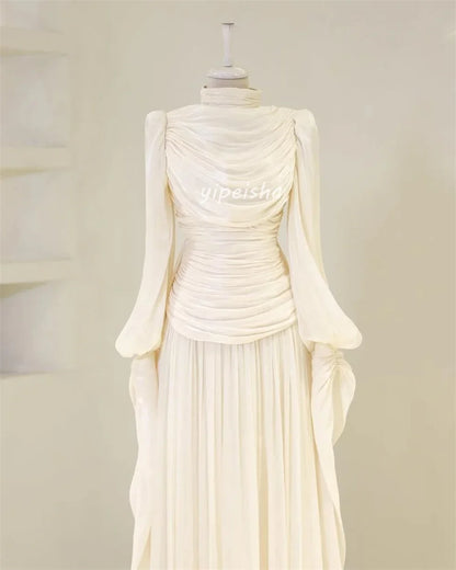 Customized Modern Style Intricate Pleat Ruched Draped A-line High Collar Long Dresses Bespoke Occasion Dresses Sizes Available