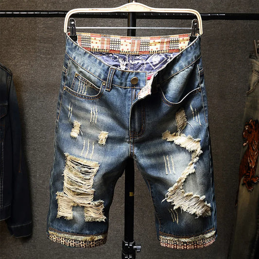 Men's Denim Shorts Retro Distressed Style Trendy Five Quarter Pants Spring and Summer Youth Light Blue