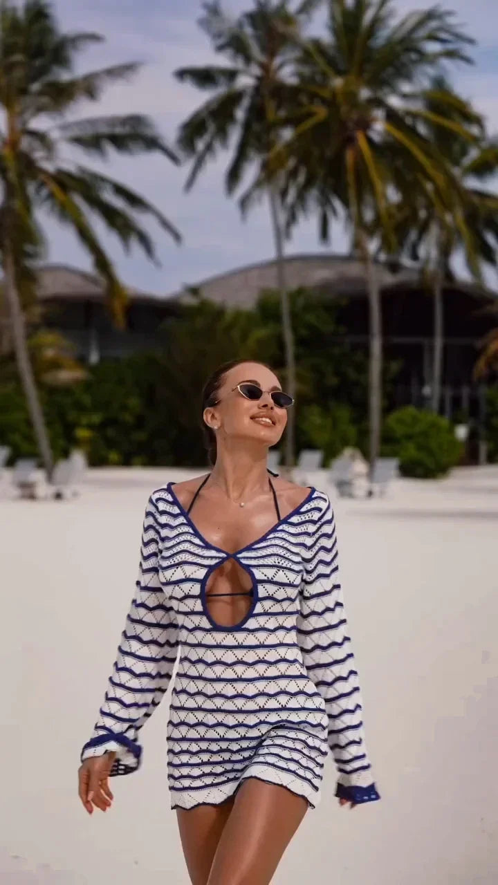 Reto Blue Striped Bell Sleeve Knit Dress Sexy V-neck Cut Out 2025 Summer Women Seaside Holiday Mini A-Line Dresses K123