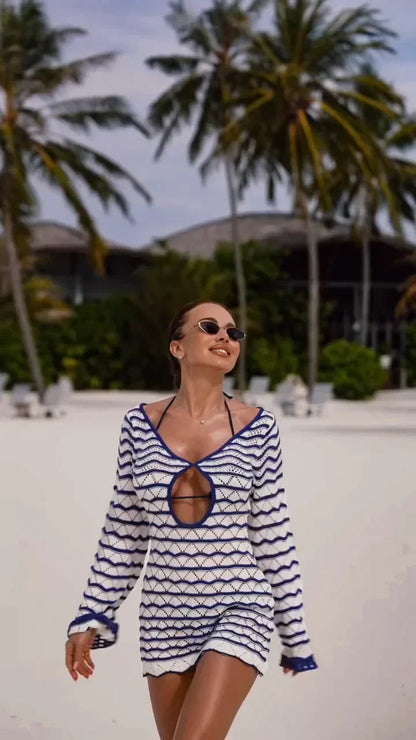 Reto Blue Striped Bell Sleeve Knit Dress Sexy V-neck Cut Out 2025 Summer Women Seaside Holiday Mini A-Line Dresses K123