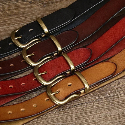 3.8CM  Pure Cowhide Genuine Leather for Men High Quality Jeans Brass Buckle Belts Cowboy Waistband Male Fashion Designer Luxury