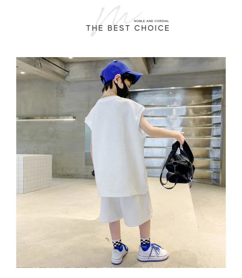 Summer Boys Waffle Alphabet Sleeveless t-Shirt Tops+Short Pants Set School Kids Tracksuit Child 2PCS Outfit Jogger Suit 5-16 Yrs