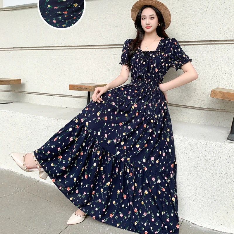 Summer New Cotton Silk Floral Print Maxi Dr ort Sve Beachwear High Waist Young Women's Large Skirt Swing Dr