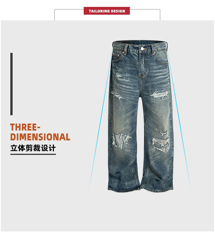 Unisex Retro Washed Aged Ripped Straight Leg Blue Jeans Torn Hole Z029#
