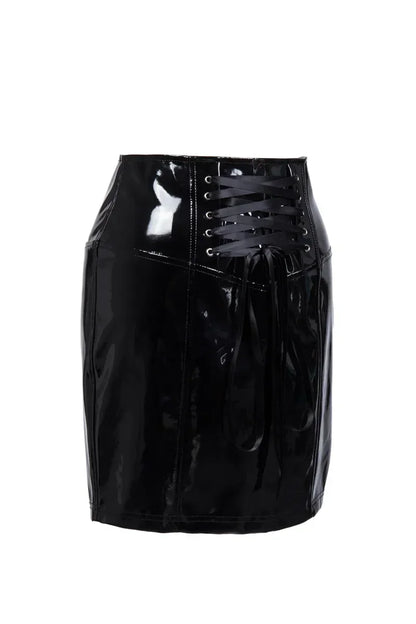 Gothic Black Skirts for Women Latex PVC Leather Pencil Mini Skirt Lace Up Zip Shiny Bodycon Skirts Sexy Club Y2k Clothes
