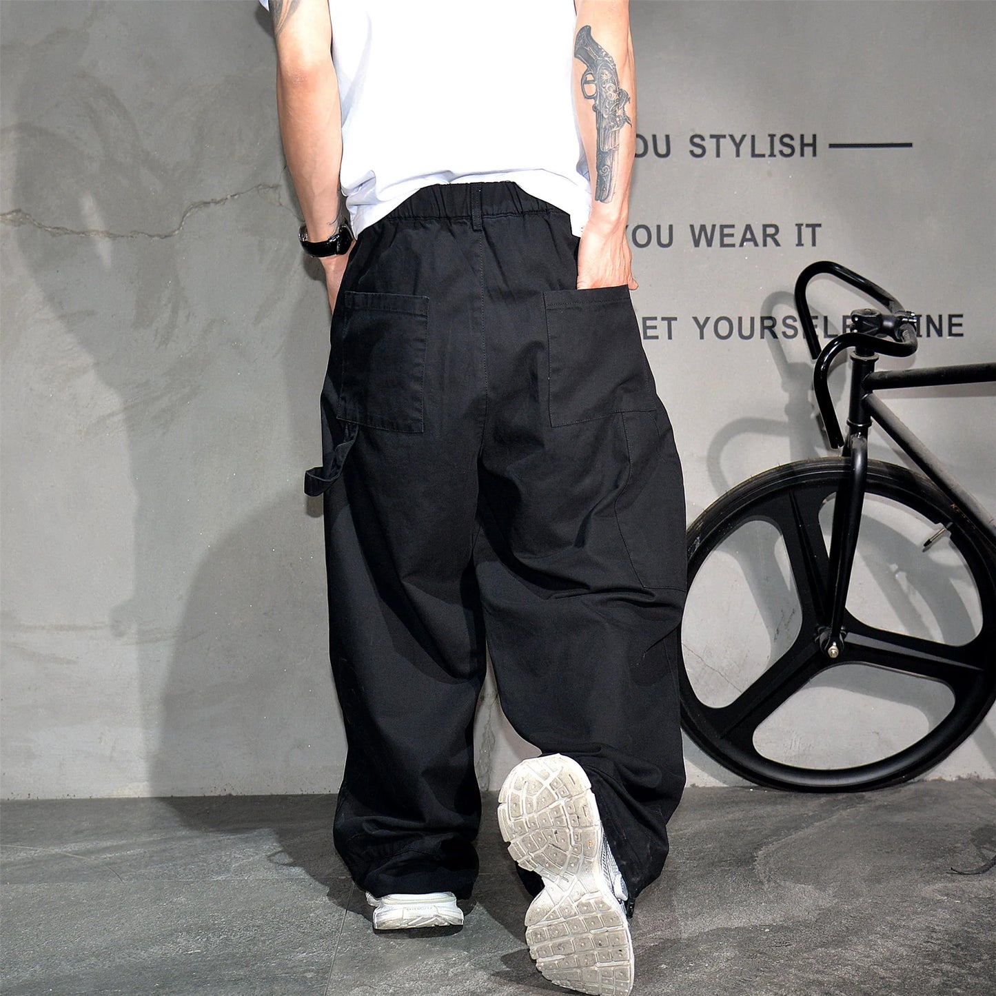 Mens Cargo Pants American Trendy Solid Black Cotton Heavyweight Wide Leg Loose Straight Streetwear Casual High Quality Pants