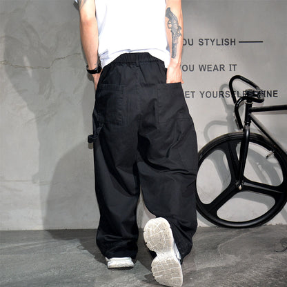 Mens Cargo Pants American Trendy Solid Black Cotton Heavyweight Wide Leg Loose Straight Streetwear Casual High Quality Pants
