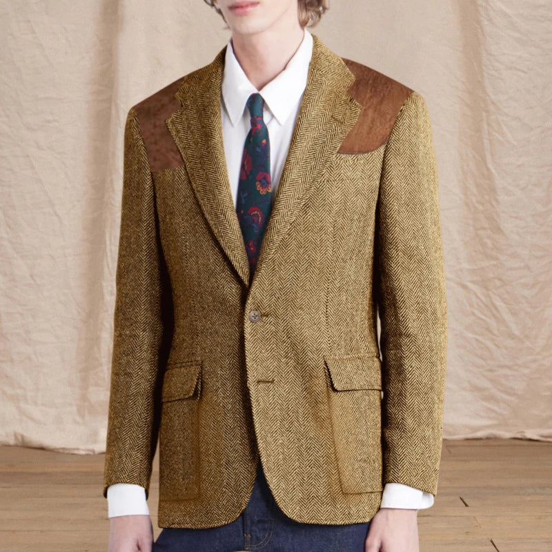 Vintage Men's Herringbone Tweed Blazer Suede Shoulder Patch Notch Lapel Slim Fit Jacket Casual Business Suit Sport Coat for Men