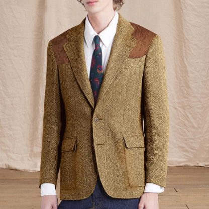 Vintage Men's Herringbone Tweed Blazer Suede Shoulder Patch Notch Lapel Slim Fit Jacket Casual Business Suit Sport Coat for Men