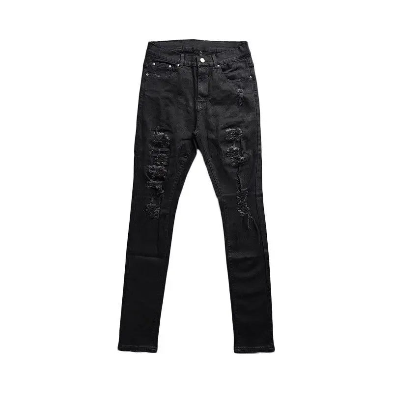 Korean Fashion Jeans Men's Black Ruffian Handsome Trendy Brand Hot Diamond Ripped Beggar Slim Spring Autumn Elastic Casual Pants