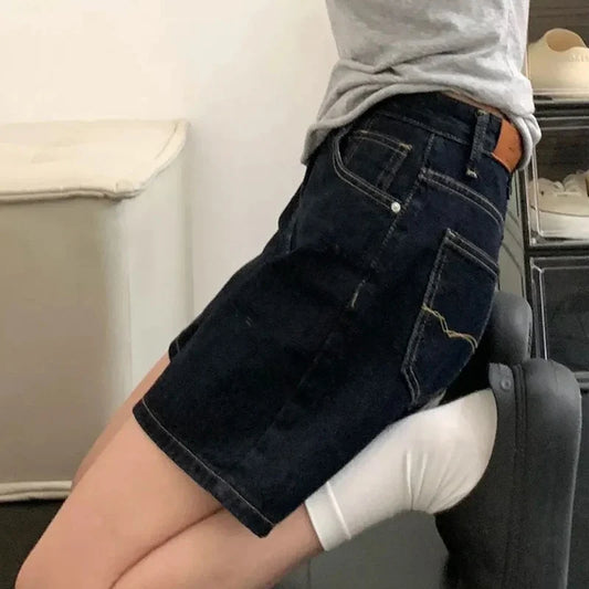 Retro Blue Straight Denim Shorts Women Summer 2026 High Waist Short Jeans Woman Korean Loose Wide Leg A-Line Hot Shorts Female