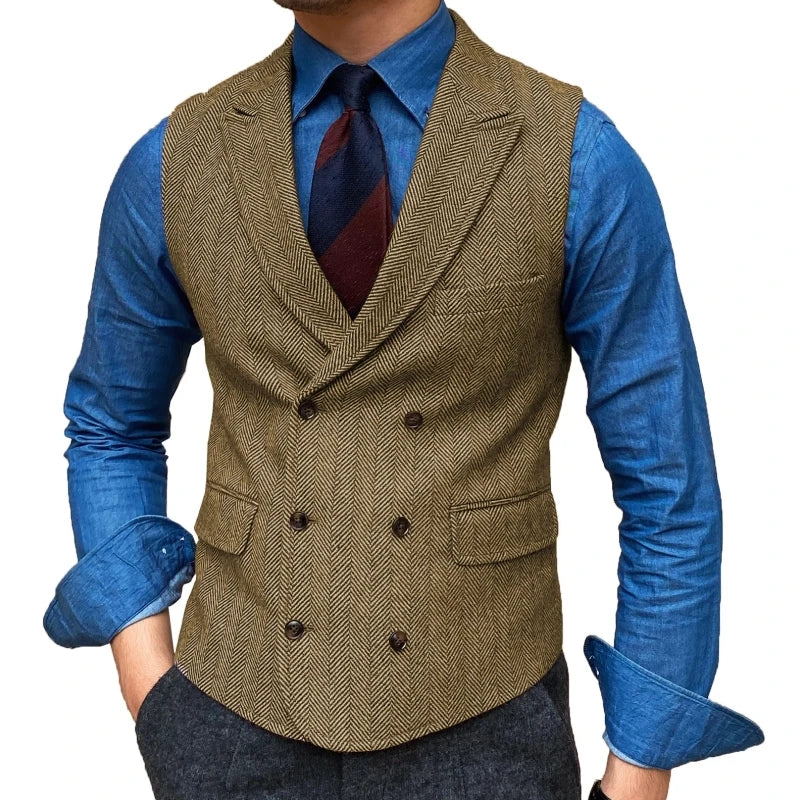 Men Vest Brown Herringbone With Lapel Waistcoat Vintage Regular Slim Business Banquet Business Casual Men Suit Vest