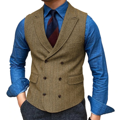 Men Vest Brown Herringbone With Lapel Waistcoat Vintage Regular Slim Business Banquet Business Casual Men Suit Vest
