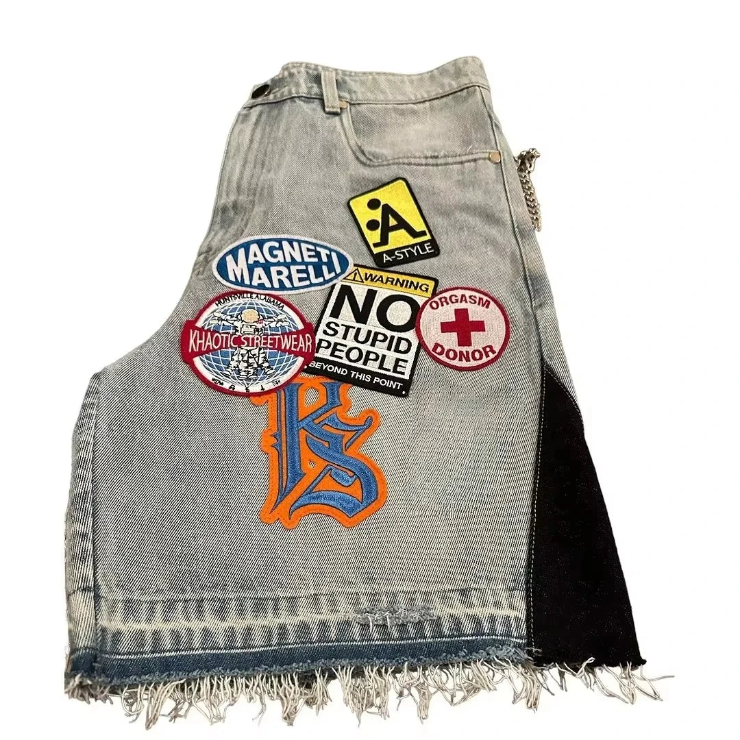 Retro Blue Streetwear Patchwork Denim Short Y2K Jeans Men Women Hip Hop Cartoon Graphics Loose Metal Denim Fitness Casual Shorts
