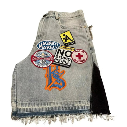 Retro Blue Streetwear Patchwork Denim Short Y2K Jeans Men Women Hip Hop Cartoon Graphics Loose Metal Denim Fitness Casual Shorts