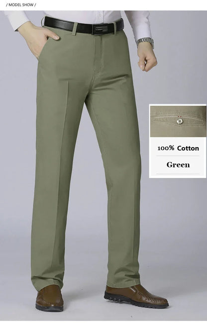 100% Cotton Spring Summer Middle-aged Cargo Trousers Men's Straight Slacks High Waists Thin Thick Breathable Male Suit Pants