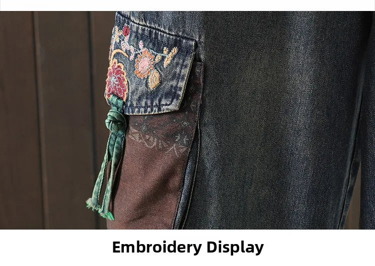 Retro Ethnic Print Patchwork Embroidered Denim Jeans Women Loose plus Size Embroidered Nine Points Harlan Pants Spring