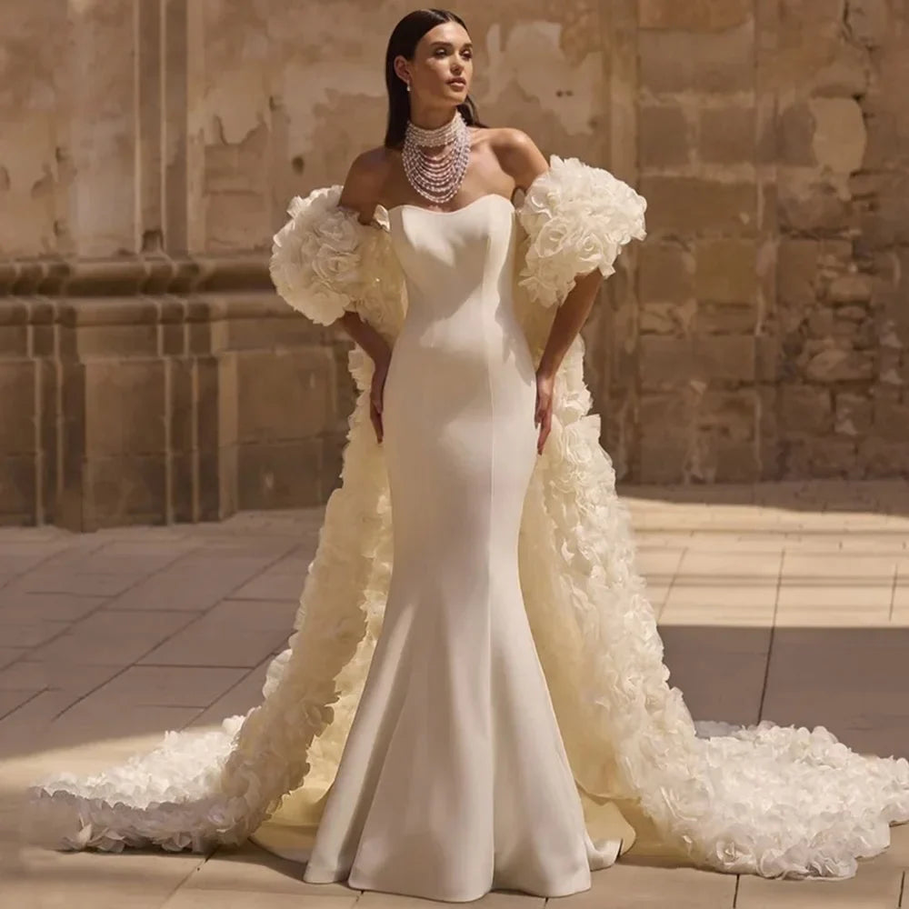 Simple Mermaid Wedding Dress with Flower Cape Customized Luxury Arabian Bride Dresses Sweetheart Sleeveless Dubai Bridal Gown