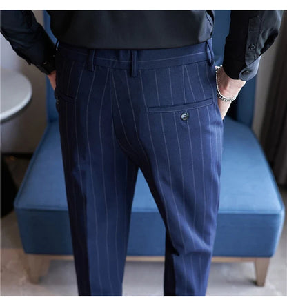 Autumn New Fashion Stripe Men's Suit Pants High Quality Straight Long Classic Business Elegant Slim Fit Casual Trousers 38-29